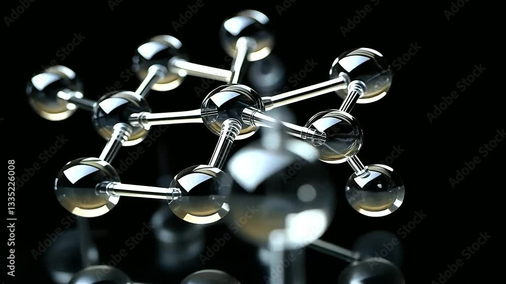 Poster a d-rendered molecular structure with transparent spheres connected by sleek metallic rods, illustra