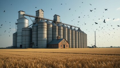 Rustic Silos and Barn Amidst Golden Wheat Fields at Sunrise