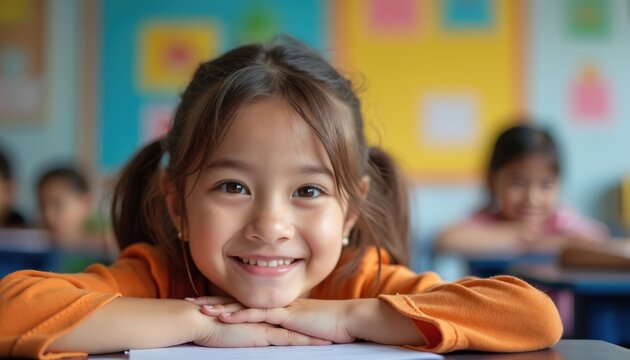 Close-up portrait of smiling asian schoolgirl at desk. Happy cute child in classroom setting. Elementary school student enjoying learning. Preschool education. Concept of bilingual education benefits.