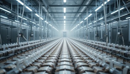 Naklejka premium Industrial Warehouse Interior with Conveyor Belt and Soft Lighting