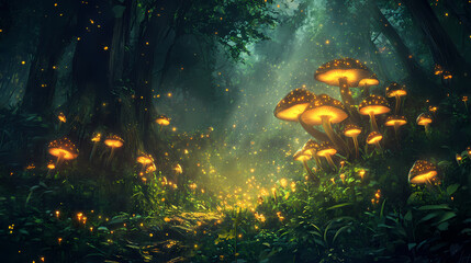 A mesmerizing scene of glowing mushrooms in a lush forest, creating an ethereal atmosphere that captivates the imagination and inspires creativity. Whispering Mushrooms. Illustration