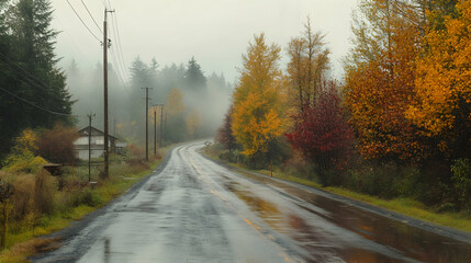 Fototapeta premium Serene Autumn Road Lined with Colorful Trees on a Rainy Day