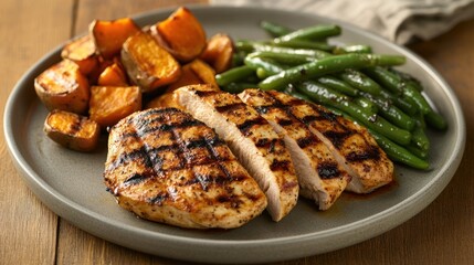 Grilled chicken breast with roasted sweet potatoes and green beans for a balanced meal