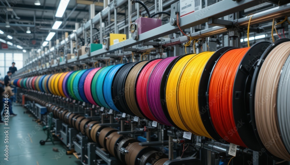 Poster colorful spools of filament in 3d printing workshop setup