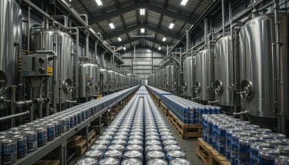 Fototapeta premium Industrial Brewery Interior with Brewing Tanks and Canned Beverages
