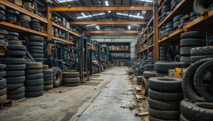 Stock Photo of Busy Warehouse Filled with Tires and Equipment