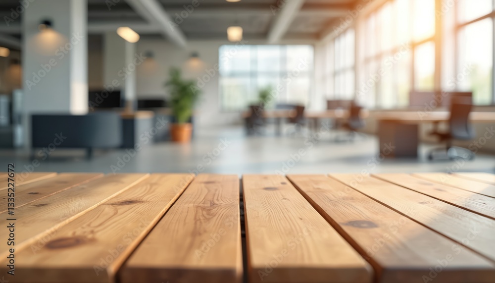 Poster wooden planks foreground with abstract empty office room background. modern design workspace, place 