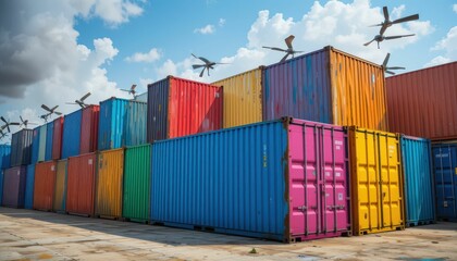 Fototapeta premium Colorful Shipping Containers Stacked in Industrial Yard with Wind Turbines