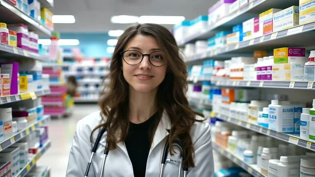 A confident female pharmacy tech with a friendly expression, working in a well-lit, well-organized pharmacy, with shelves lined with various bottles of medicine and prescription dr