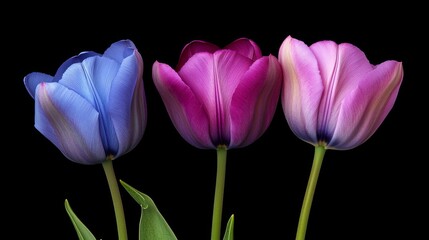 Colorful trio of tulips on black background for floral decor and poster design