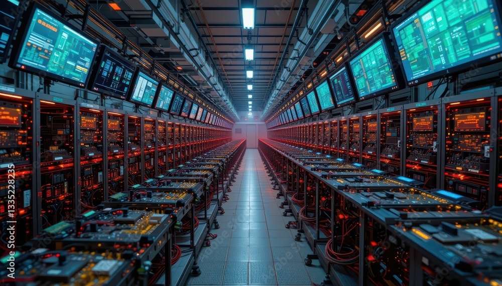 Poster high-tech data center with rows of servers and monitors in action