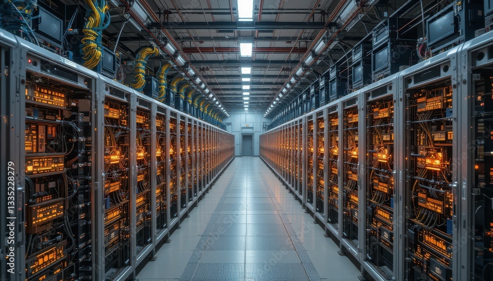Poster modern data center with rows of servers illuminated by lights
