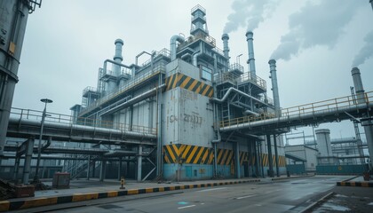 Naklejka premium Industrial Facility with Chimneys and Smoke on Cloudy Day