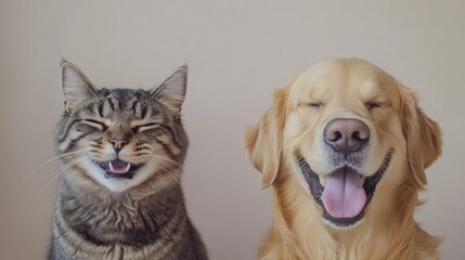 Funny Happy Cat and Dog Smiling with Closed Eyes - Close-Up Portrait on White and Transparent Background