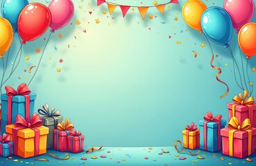 Festive birthday border design on vibrant background with hand-drawn doodles. Balloons, gift boxes, confetti, streamer, pennants. Party event, celebration, surprise, joy, happiness, fun, excitement.