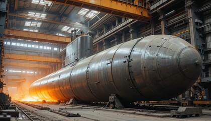 Submarine Construction in Industrial Shipyard with Dramatic Lighting