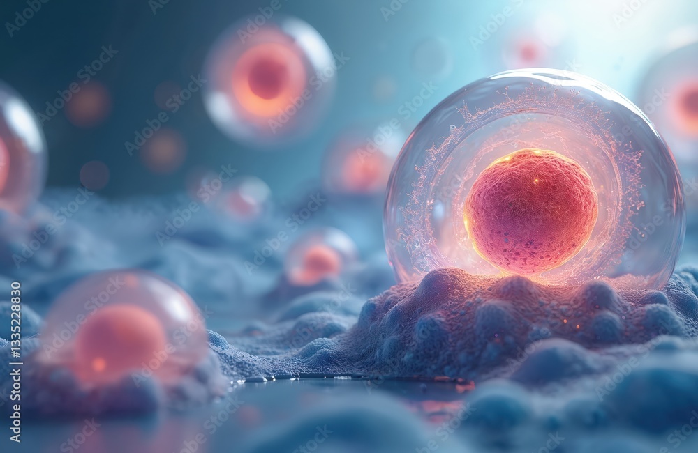 Poster Schematic 3D cell depiction with nucleus inside. Microscopic stem molecular render of deoxyribonucleic acid protein body for medicine, health, science, therapy, health care, biology, disease