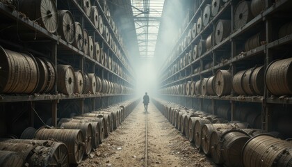 Mysterious Figure Walking in Abandoned Warehouse Surrounded by Coils