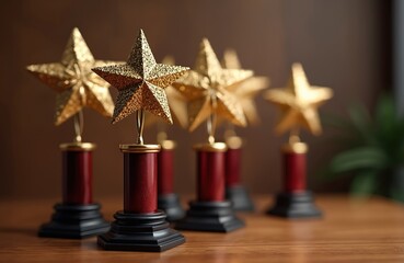 Custom golden star trophies reward employee success, recognition. Triumph, personalized gift, appreciation for dedication. Shiny acknowledgment. Celebration of individual accomplishment, team