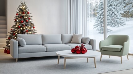A contemporary Scandinavian-style living room with a light gray sofa, a pale green armchair, and a round white coffee table