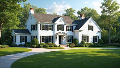 Two-story New England home design with curb appeal. White colonial house exterior, symmetric facades with rich manicured front yard landscaping, classic architecture. Inviting driveway, neat garden