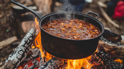 a pot of food cooking over an open fire