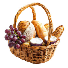 Rustic wicker basket filled with fresh baguettes, cheese cups and grapes isolated on a white background