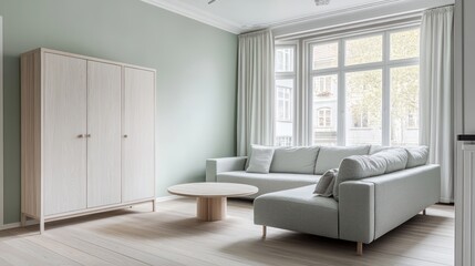 A contemporary studio apartment with light wooden floors and soft mint green walls