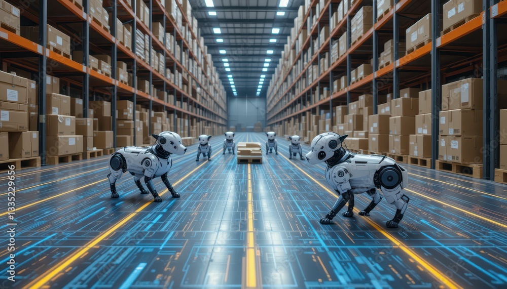 Poster advanced robots managing inventory in a modern warehouse space