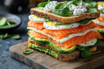 Savoring a delicious multilevel avocado toast stacked with fresh ingredients for a nutritious breakfast. multilevel avocado toast featuring layers of smoked salmon, eggs, and greens, healthy eating