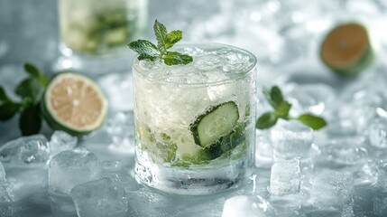 Refreshing cucumber mint drink on ice