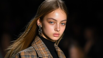 A young French model with long hair, wearing an oversized brown plaid suit jacket and a black shirt underneath. She has exquisite makeup on her face, elegant earrings hanging from her ears․