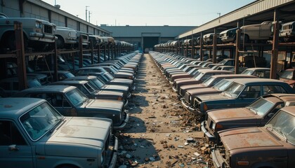 Naklejka premium Abandoned Vintage Cars in Auto Junkyard Under Clear Blue Sky