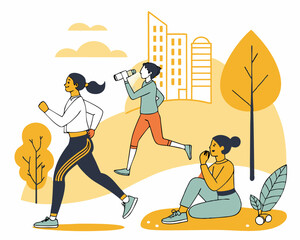 People Doing Outdoor Fitness Exercises. Flat style vector illustration of people doing outdoor fitness activities in a city park. Women jogging, exercising, drinking water and relaxing after workout. 