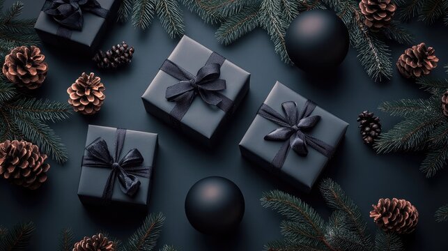 "Black Friday Concept: Black Boxes and Pine Tree Branches on Black Background (Top View)"