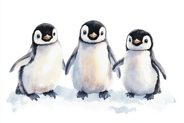 Obraz premium Adorable Watercolor Penguin Trio Cute Baby Penguins Winter Animals Wildlife Illustration Watercolor Painting Snow Nature Scene Childrens Art Penguin 