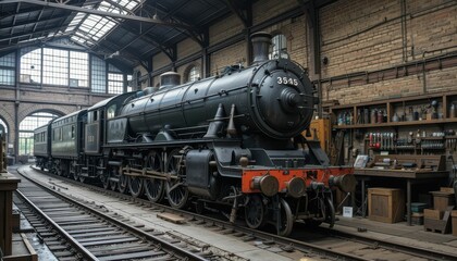 Fototapeta premium Vintage Steam Locomotive in Historic Train Workshop Interior