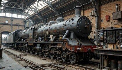 Naklejka premium Vintage Steam Locomotive in Historic Railway Workshop Interior