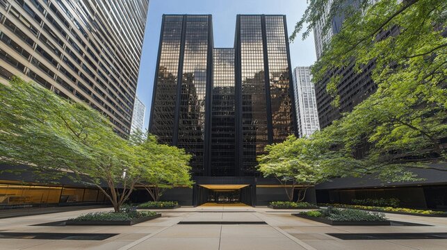 The image shows a large, modern building with a glass facade and two tall towers.