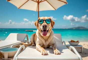 a Labrador lying on a poolside lounge chair under a beach umbrella