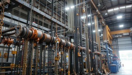 Industrial Workshop Interior with Machinery and Overhead Cranes