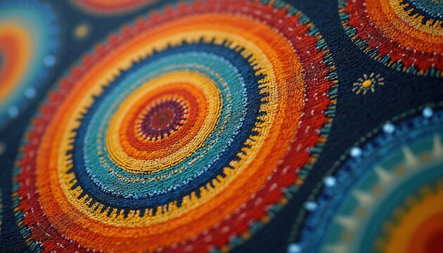Closeup of colorful aboriginal dot art circles on fabric. Australian painted cotton textile artwork. Traditional ethnic cultural heritage indigenous design. Simple geometric tribal folk ornament