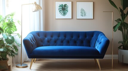 A cozy living space featuring a royal blue velvet sofa with brushed gold legs