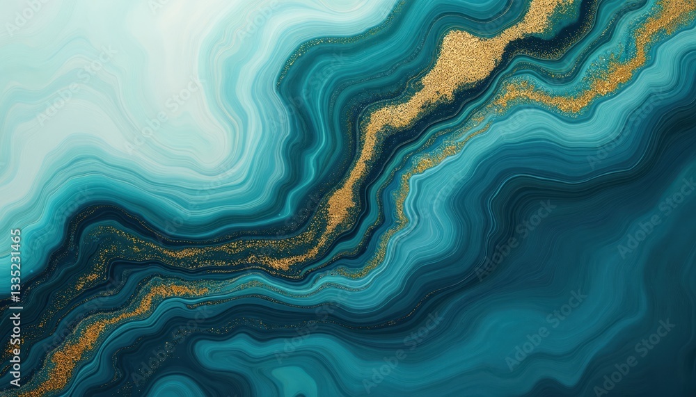 Poster abstract marbling background with liquid marble wave ink pattern. blue green colors mixed with golde