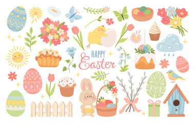 Happy Easter set with bunny, chick, and eggs. Simple Easter vector illustration with festive cake, decorated eggs, rabbit, chick, flowers. For cards, stickers, banners, posters, social media, decor.