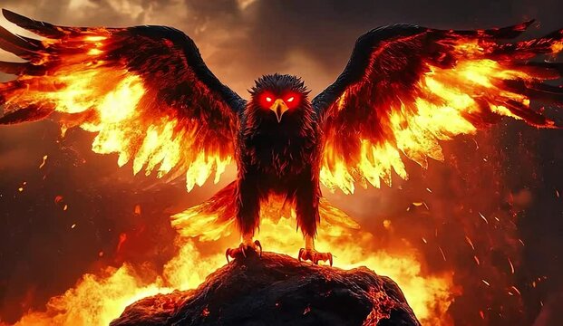 A powerful fire eagle with glowing red eyes
