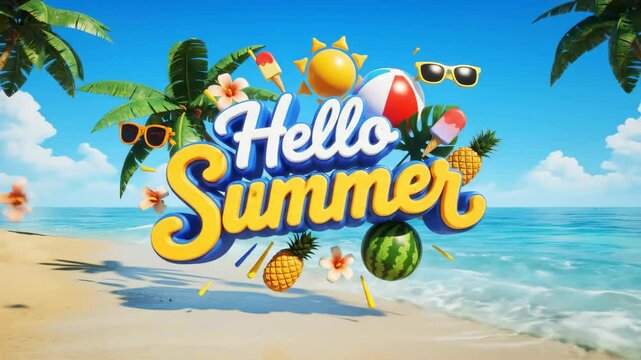 Hello Summer Background. Animated Beach with Tropical Fruits. Summer Advertising.
