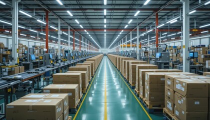 Fototapeta premium Modern warehouse interior with packed boxes and sorting machinery