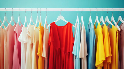 Fototapeta premium White Clothing Rack With a Bold Red Dress Among Pastel Outfits, Striking Contrast
