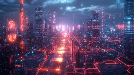Obraz premium AI-driven Futuristic Cyber City with Interconnected Buildings